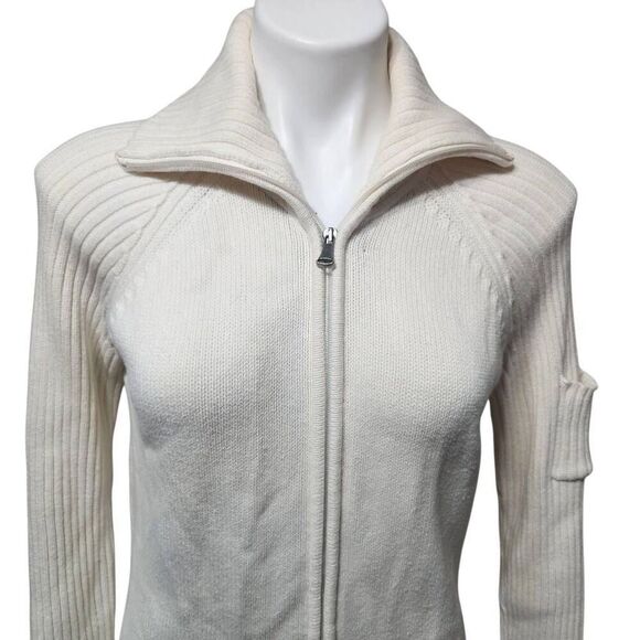 Liz Claiborne white knit zip front sweater jacket cardigan collar pocket medium - Picture 2 of 9
